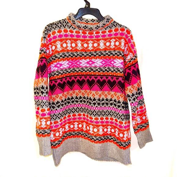 Sunday Up Size Lg Women’s Pullover Sweater Fair Isle High Neck Pink Gray - Picture 1 of 8